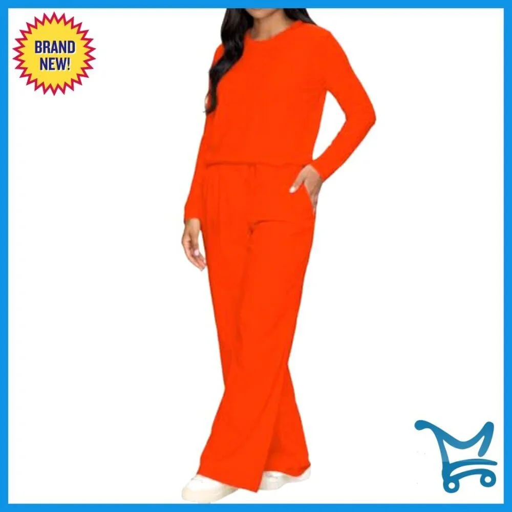 Two Piece Lounge Set Long Sleeve Top Wide Leg Pants Comfy Sweatsuit With Pockets